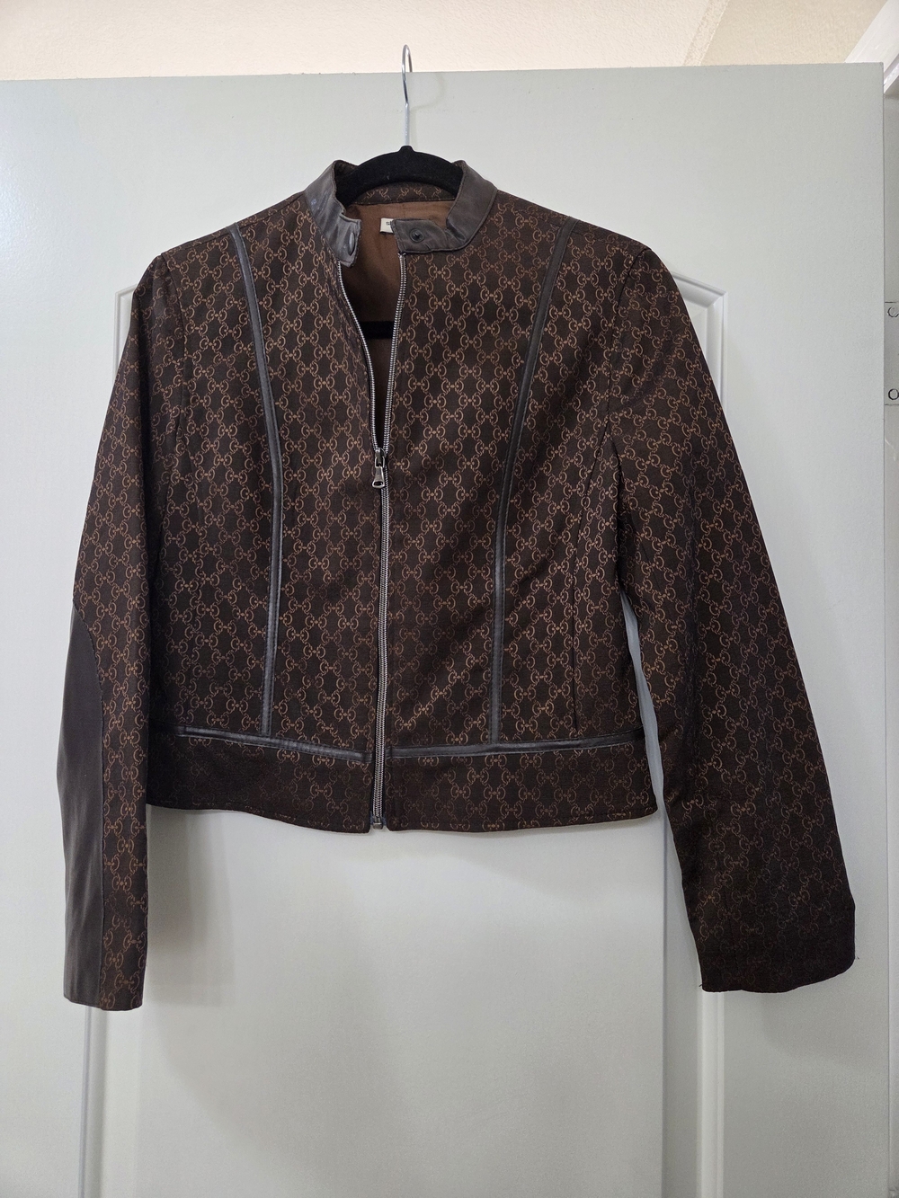 Sharagano Brown Patterned Zip-Front Leather-Trim Jacket